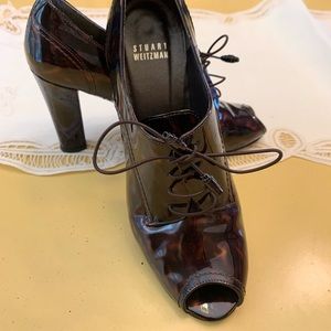Stuart Weitzman Tortoise laced-up peep toe heels